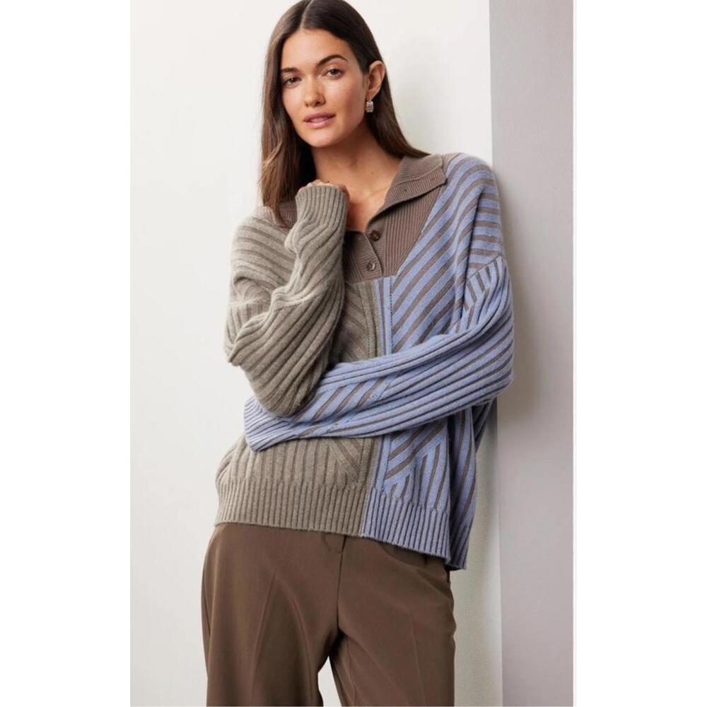 Naadam Wool Cashmere Henley Stripped Sweater  size M